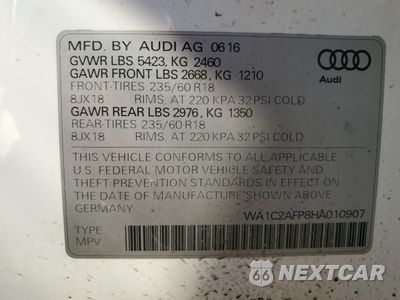 Zdjęcie 13 z 13 samochodu: 2017 AUDI Q5 PREMIUM VIN:WA1C2AFP8HA010907 - miniatura