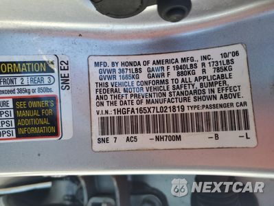 Zdjęcie 12 z 12 samochodu: 2007 HONDA CIVIC LX VIN:1HGFA165X7L021819 - miniatura