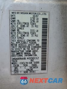 Zdjęcie 12 z 12 samochodu: 2008 NISSAN FRONTIER CREW CAB LE VIN:1N6AD09UX8C409032 - miniatura