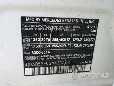 Zdjęcie 13 z 13 samochodu: 2003 MERCEDES BENZ ML 350 VIN:4JGAB57E93A420668 - miniatura