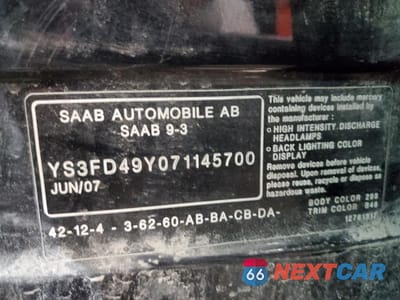 Zdjęcie 12 z 12 samochodu: 2007 SAAB 9-3 2.0T VIN:YS3FD49Y071145700 - miniatura
