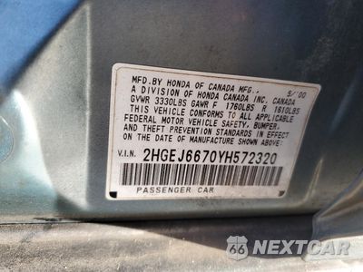 Zdjęcie 12 z 12 samochodu: 2000 HONDA CIVIC LX VIN:2HGEJ6670YH572320 - miniatura
