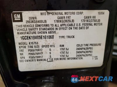 Zdjęcie 12 z 12 samochodu: 2005 CHEVROLET SILVERADO K1500 VIN:1GCEK19V05E161060 - miniatura