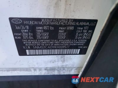 Zdjęcie 13 z 13 samochodu: 2019 HYUNDAI SANTA FE SE VIN:5NMS2CAD9KH009577 - miniatura