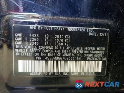 Zdjęcie 12 z 12 samochodu: 2012 SUBARU LEGACY 2.5I PREMIUM VIN:4S3BMBG67C3020154 - miniatura