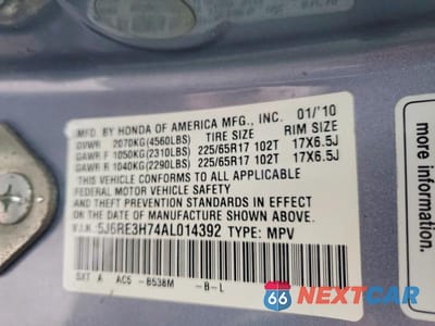 Zdjęcie 13 z 13 samochodu: 2010 HONDA CR-V EXL VIN:5J6RE3H74AL014392 - miniatura