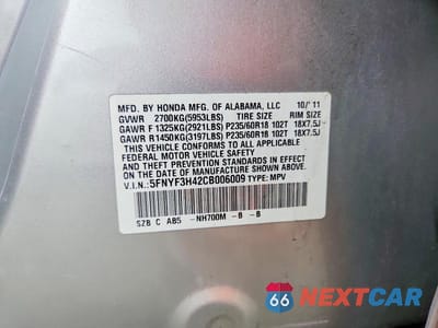 Zdjęcie 12 z 12 samochodu: 2012 HONDA PILOT EX VIN:5FNYF3H42CB006009 - miniatura