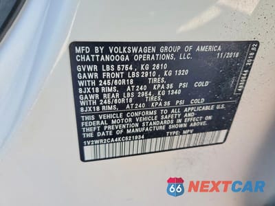 Zdjęcie 13 z 13 samochodu: 2019 VOLKSWAGEN ATLAS SE VIN:1V2WR2CA4KC521934 - miniatura