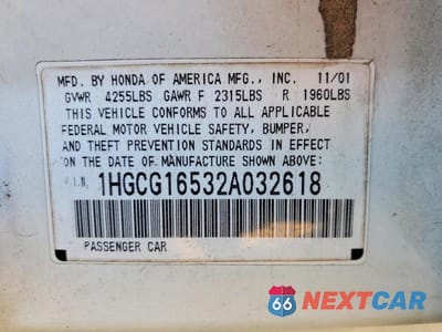 Zdjęcie 13 z 13 samochodu: 2002 HONDA ACCORD EX VIN:1HGCG16532A032618 - miniatura