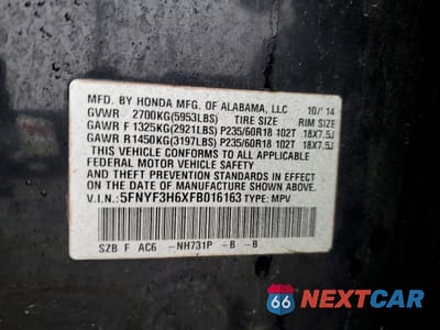 Zdjęcie 14 z 14 samochodu: 2015 HONDA PILOT EXL VIN:5FNYF3H6XFB016163 - miniatura