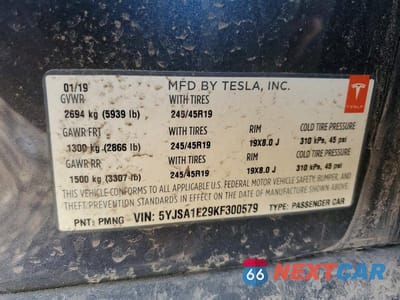 Zdjęcie 12 z 12 samochodu: 2019 TESLA MODEL S VIN:5YJSA1E29KF300579 - miniatura
