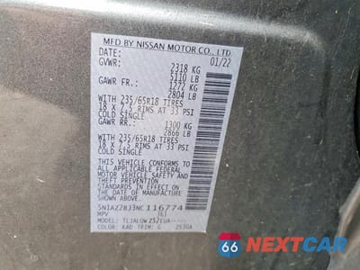 Zdjęcie 14 z 14 samochodu: 2022 NISSAN MURANO SV VIN:5N1AZ2BJ3NC116774 - miniatura