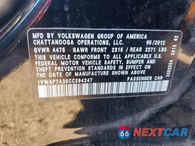 Zdjęcie 12 z 12 samochodu: 2012 VOLKSWAGEN PASSAT S VIN:1VWAP7A35CC094247 - miniatura
