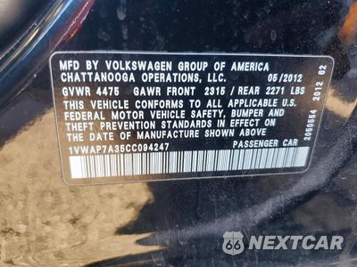 Zdjęcie 12 z 12 samochodu: 2012 VOLKSWAGEN PASSAT S VIN:1VWAP7A35CC094247 - miniatura