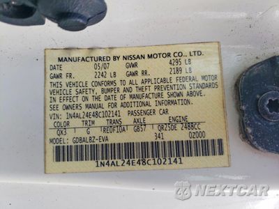 Zdjęcie 12 z 13 samochodu: 2008 NISSAN ALTIMA 2.5S VIN:1N4AL24E48C102141 - miniatura