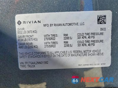 Zdjęcie 13 z 13 samochodu: 2022 RIVIAN R1T LAUNCH EDITION VIN:7FCTGAAL2NN011562 - miniatura