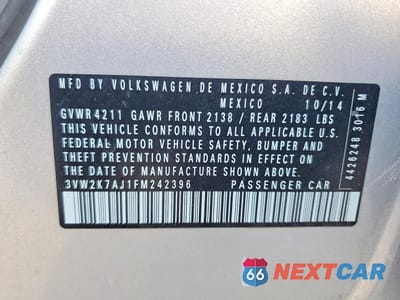 Zdjęcie 12 z 12 samochodu: 2015 VOLKSWAGEN JETTA BASE VIN:3VW2K7AJ1FM242396 - miniatura