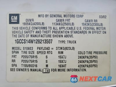 Zdjęcie 12 z 12 samochodu: 2002 CHEVROLET S TRUCK S10 VIN:1GCCS14W128213507 - miniatura