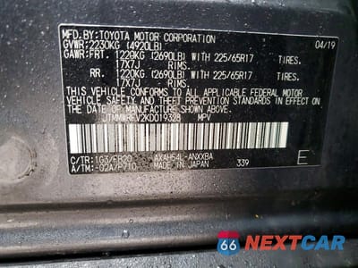 Zdjęcie 14 z 14 samochodu: 2019 TOYOTA RAV4 HYBRID LE VIN:JTMMWRFV2KD019328 - miniatura