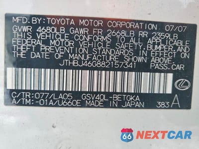 Zdjęcie 12 z 12 samochodu: 2008 LEXUS ES 350 BASE VIN:JTHBJ46G882157341 - miniatura