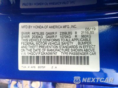 Zdjęcie 12 z 12 samochodu: 2019 HONDA ACCORD SPORT VIN:1HGCV1F32KA099747 - miniatura