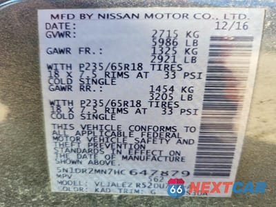Zdjęcie 13 z 13 samochodu: 2017 NISSAN PATHFINDER SV VIN:5N1DR2MN7HC647879 - miniatura