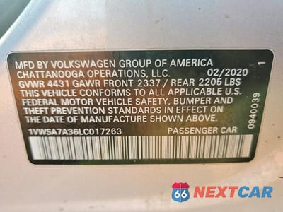 Zdjęcie 12 z 12 samochodu: 2020 VOLKSWAGEN PASSAT SE VIN:1VWSA7A36LC017263 - miniatura