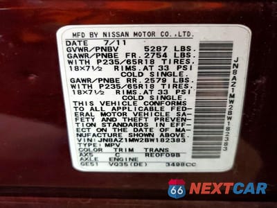 Zdjęcie 13 z 13 samochodu: 2011 NISSAN MURANO S VIN:JN8AZ1MW2BW182383 - miniatura