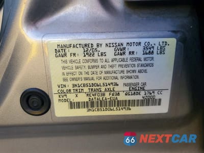 Zdjęcie 12 z 12 samochodu: 2006 NISSAN SENTRA 1.8 VIN:3N1CB51D06L514936 - miniatura