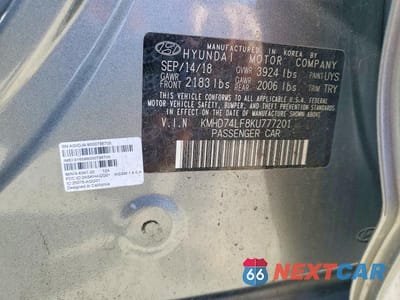 Zdjęcie 12 z 12 samochodu: 2019 HYUNDAI ELANTRA SE VIN:KMHD74LF8KU777201 - miniatura