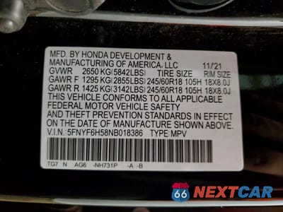 Zdjęcie 14 z 14 samochodu: 2022 HONDA PILOT EXL VIN:5FNYF6H58NB018386 - miniatura