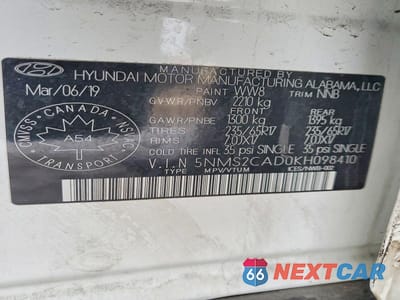 Zdjęcie 13 z 13 samochodu: 2019 HYUNDAI SANTA FE SE VIN:5NMS2CAD0KH098410 - miniatura