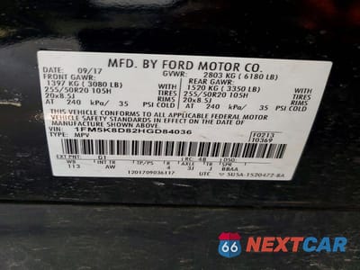 Zdjęcie 13 z 13 samochodu: 2017 FORD EXPLORER XLT VIN:1FM5K8D82HGD84036 - miniatura