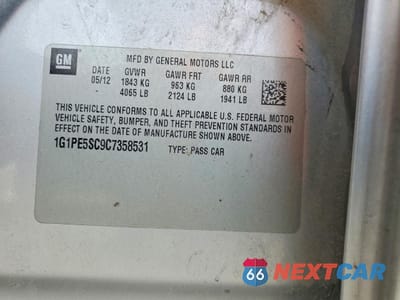 Zdjęcie 12 z 12 samochodu: 2012 CHEVROLET CRUZE LT VIN:1G1PE5SC9C7358531 - miniatura