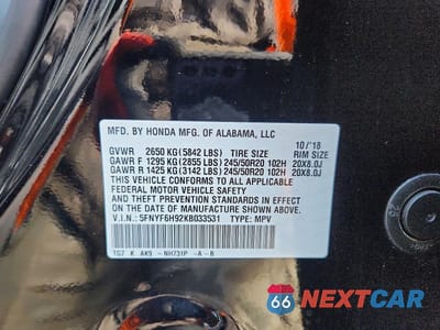 Zdjęcie 13 z 13 samochodu: 2019 HONDA PILOT TOURING VIN:5FNYF6H92KB033531 - miniatura
