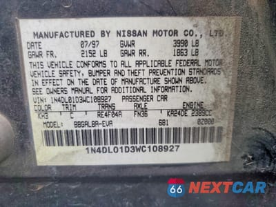 Zdjęcie 12 z 12 samochodu: 1998 NISSAN ALTIMA 4D VIN:1N4DL01D3WC108927 - miniatura