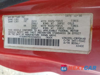 Zdjęcie 12 z 12 samochodu: 1999 TOYOTA TACOMA PRERUNNER V6 VIN:4TASN92N6XZ444511 - miniatura