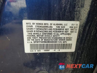 Zdjęcie 13 z 13 samochodu: 2013 HONDA PILOT TOURING VIN:5FNYF4H96DB040330 - miniatura