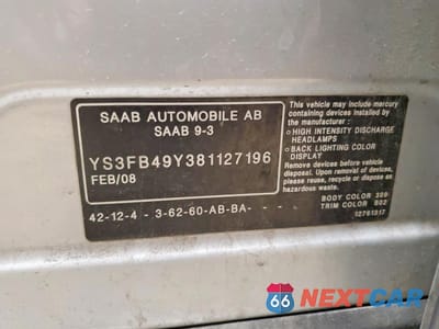 Zdjęcie 12 z 12 samochodu: 2008 SAAB 9-3 2.0T VIN:YS3FB49Y381127196 - miniatura