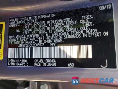 Zdjęcie 14 z 14 samochodu: 2012 TOYOTA HIGHLANDER HYBRID BASE VIN:JTEBC3EH2C2008573 - miniatura