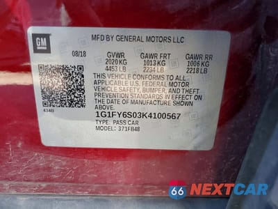 Zdjęcie 12 z 12 samochodu: 2019 CHEVROLET BOLT EV LT VIN:1G1FY6S03K4100567 - miniatura