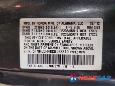 Zdjęcie 13 z 13 samochodu: 2012 HONDA ODYSSEY EX VIN:5FNRL5H48CB063310 - miniatura