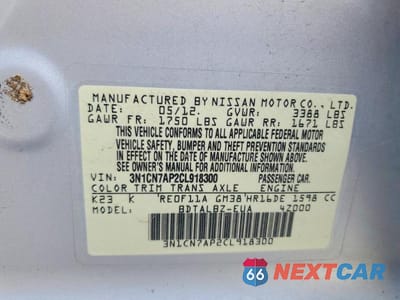 Zdjęcie 12 z 12 samochodu: 2012 NISSAN VERSA 1.6 S VIN:3N1CN7AP2CL918300 - miniatura