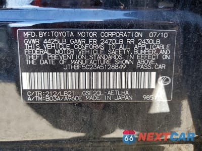 Zdjęcie 13 z 13 samochodu: 2010 LEXUS IS 250 VIN:JTHBF5C23A5128849 - miniatura