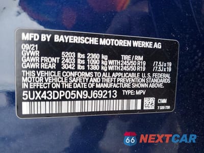 Zdjęcie 14 z 14 samochodu: 2022 BMW X3 SDRIVE30I VIN:5UX43DP05N9J69213 - miniatura
