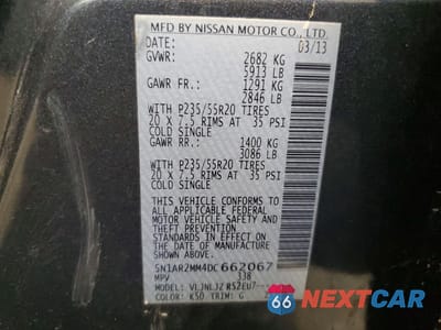 Zdjęcie 13 z 13 samochodu: 2013 NISSAN PATHFINDER S VIN:5N1AR2MM4DC662067 - miniatura