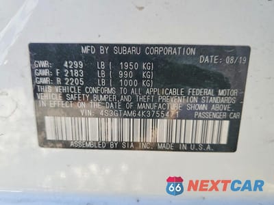 Zdjęcie 14 z 14 samochodu: 2019 SUBARU IMPREZA SPORT VIN:4S3GTAM64K3755471 - miniatura
