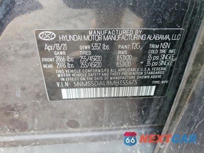 Zdjęcie 13 z 13 samochodu: 2021 HYUNDAI SANTA FE CALLIGRAPHY VIN:5NMS5DAL8MH355675 - miniatura