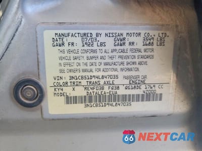 Zdjęcie 12 z 12 samochodu: 2004 NISSAN SENTRA 1.8 VIN:3N1CB51D94L847035 - miniatura