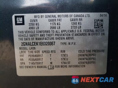 Zdjęcie 13 z 13 samochodu: 2014 CHEVROLET EQUINOX LT VIN:2GNALCEK1E6320067 - miniatura